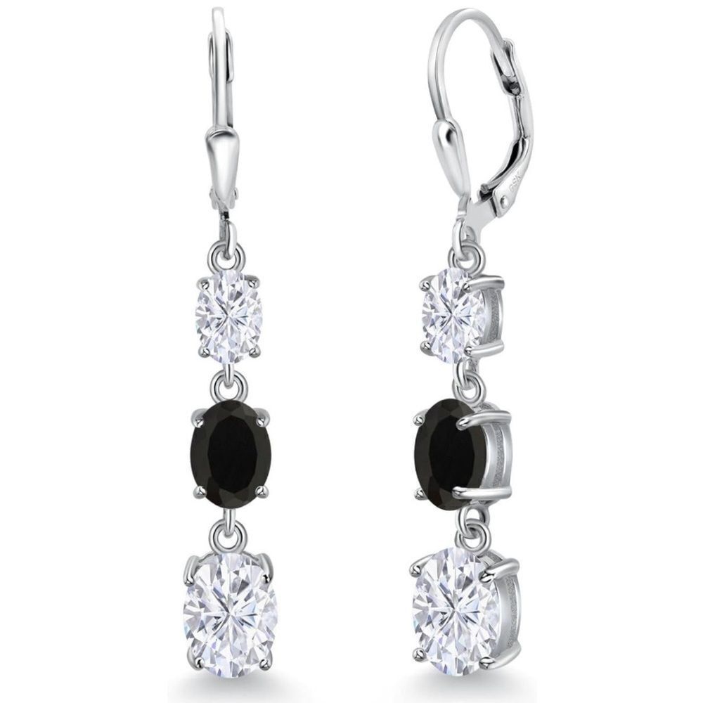 925 Sterling Silver 5.40 Cttw 3 Stone White Moissanite and Black Onyx Earrings